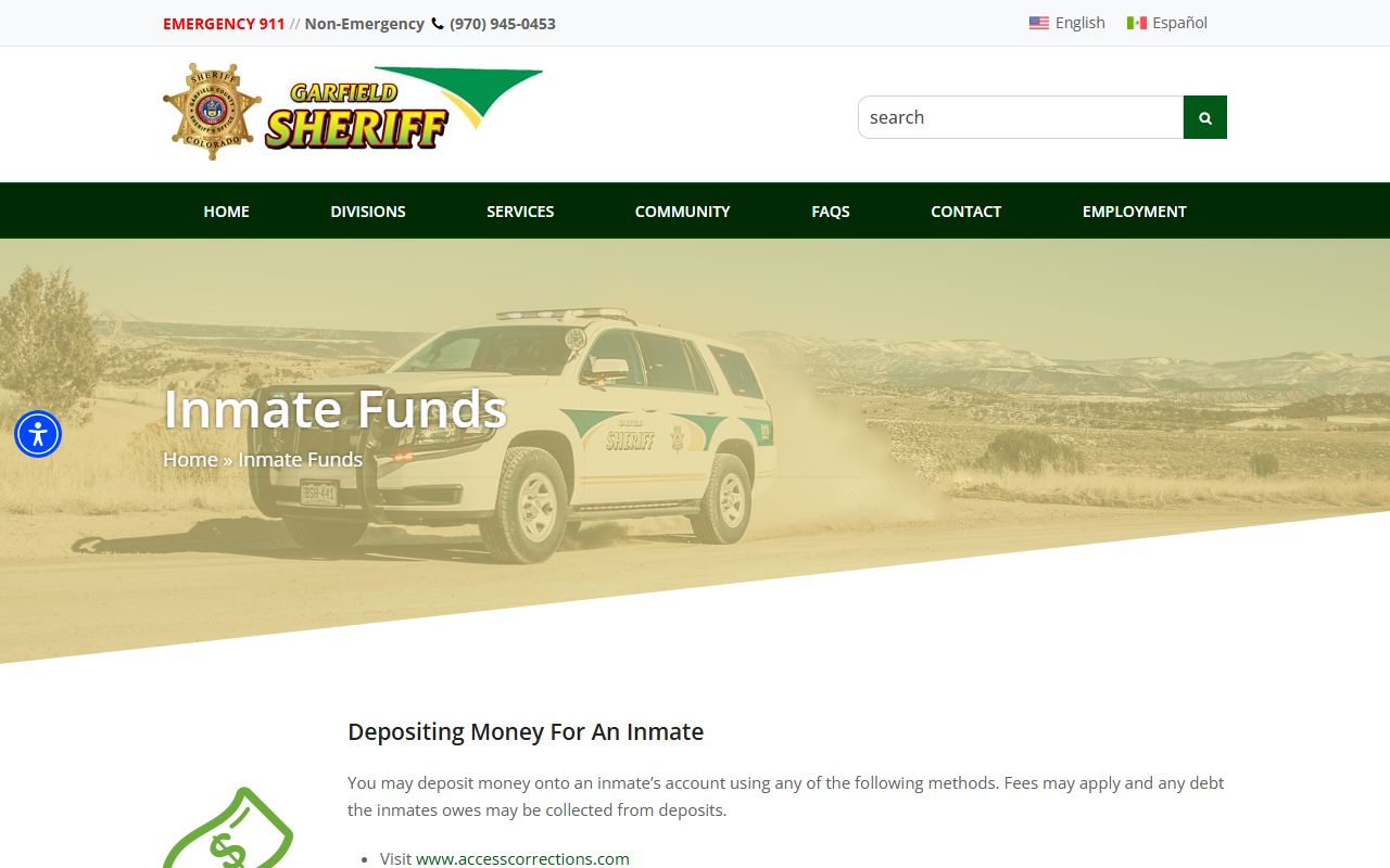 Garfield County Jail inmate funds and commissary vendor options
